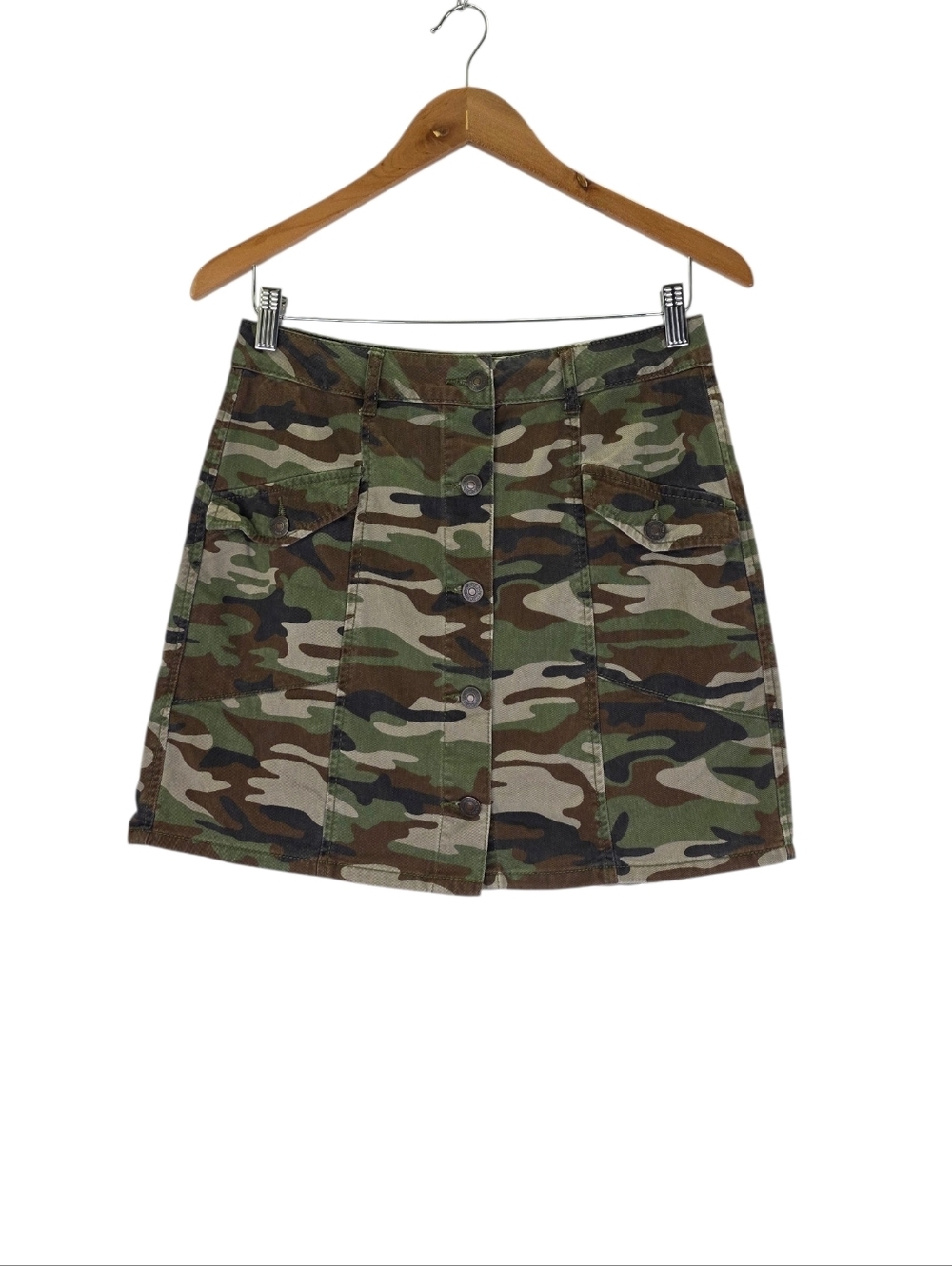 Forever 21 Women's Green Camouflage Stretch Cotton Button Down Y2K Mini Skirt M